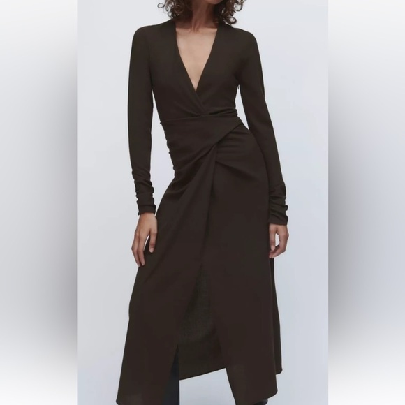 NWT Zara wool blend gathered dress with long sleeves. Dark olive/brown. Small - Picture 2 of 14